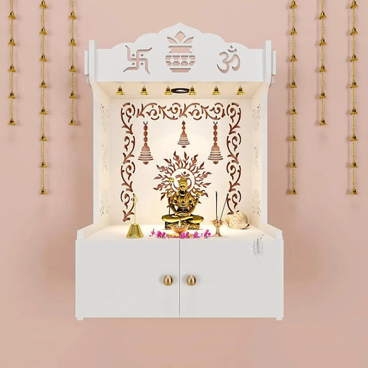 Premium Wall Temple with Inbuilt Focus Light & Spacious Wooden Shelf- White
