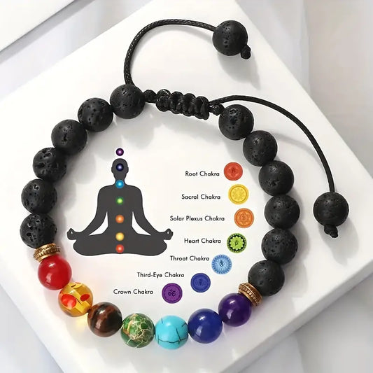 7 Chakras Balance & Meditation Healing Adjustable Stretchable Lava Rock Bracelet